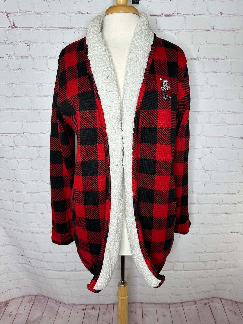 Disney Parks Red Black Buffalo Check Sweater Jacket Women's XL Sherpa Holiday